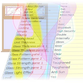 Image showing a casement windows with glass lead effects and some of the many settings that can be set for glass, cills, sizes, colour and a lot more.